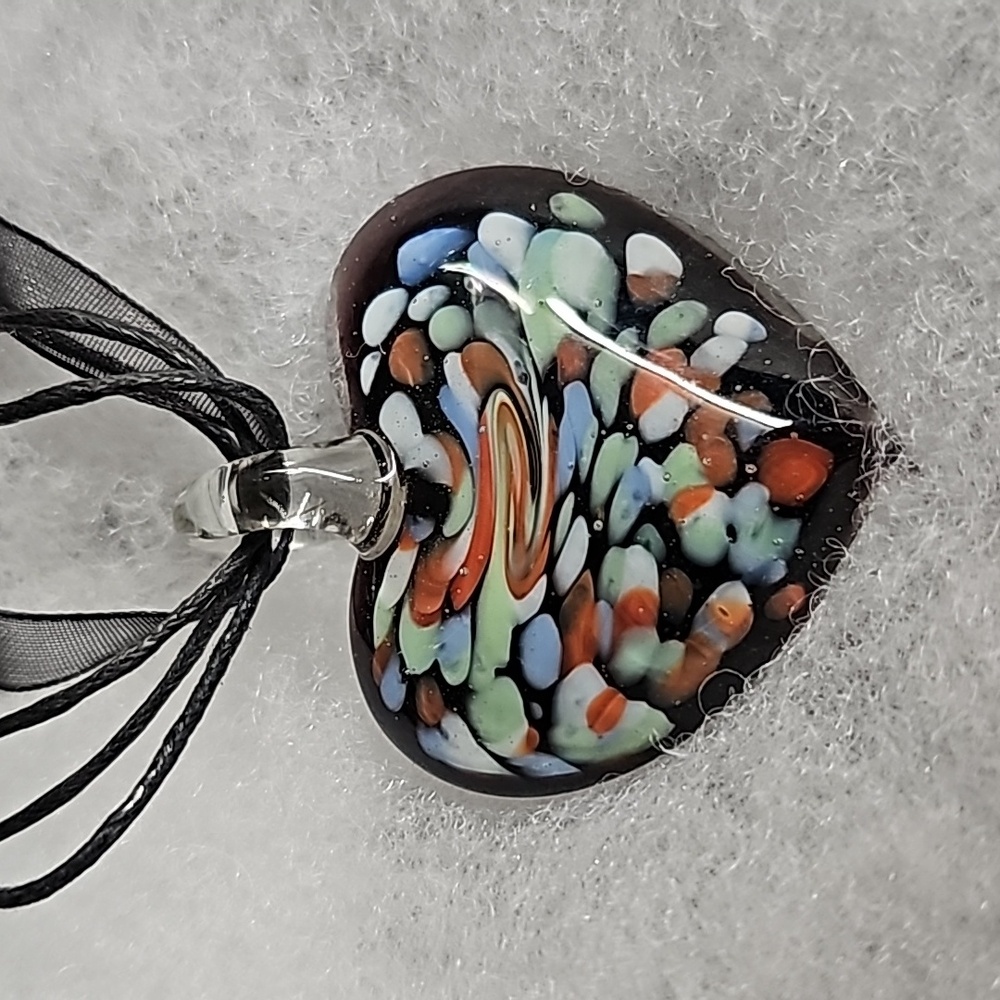 Murano Black & Multi Color ❤️ Heart Shape Glass Pendent w/ Swirl Spot Design New